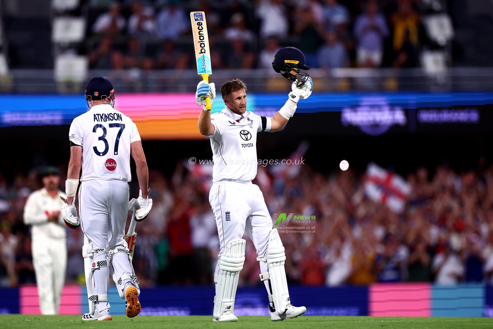 Joe Root of England  celebrates reaching his century during the NRMA Insurance Ashes Second Test Day 1 Series match Australia vs England at The Gabba, Brisbane Cricket Ground, Brisbane, Australia, 4th December 2025

(Photo by Patrick Hoelscher/News Images)

*** GER AUT SUI OUT ***