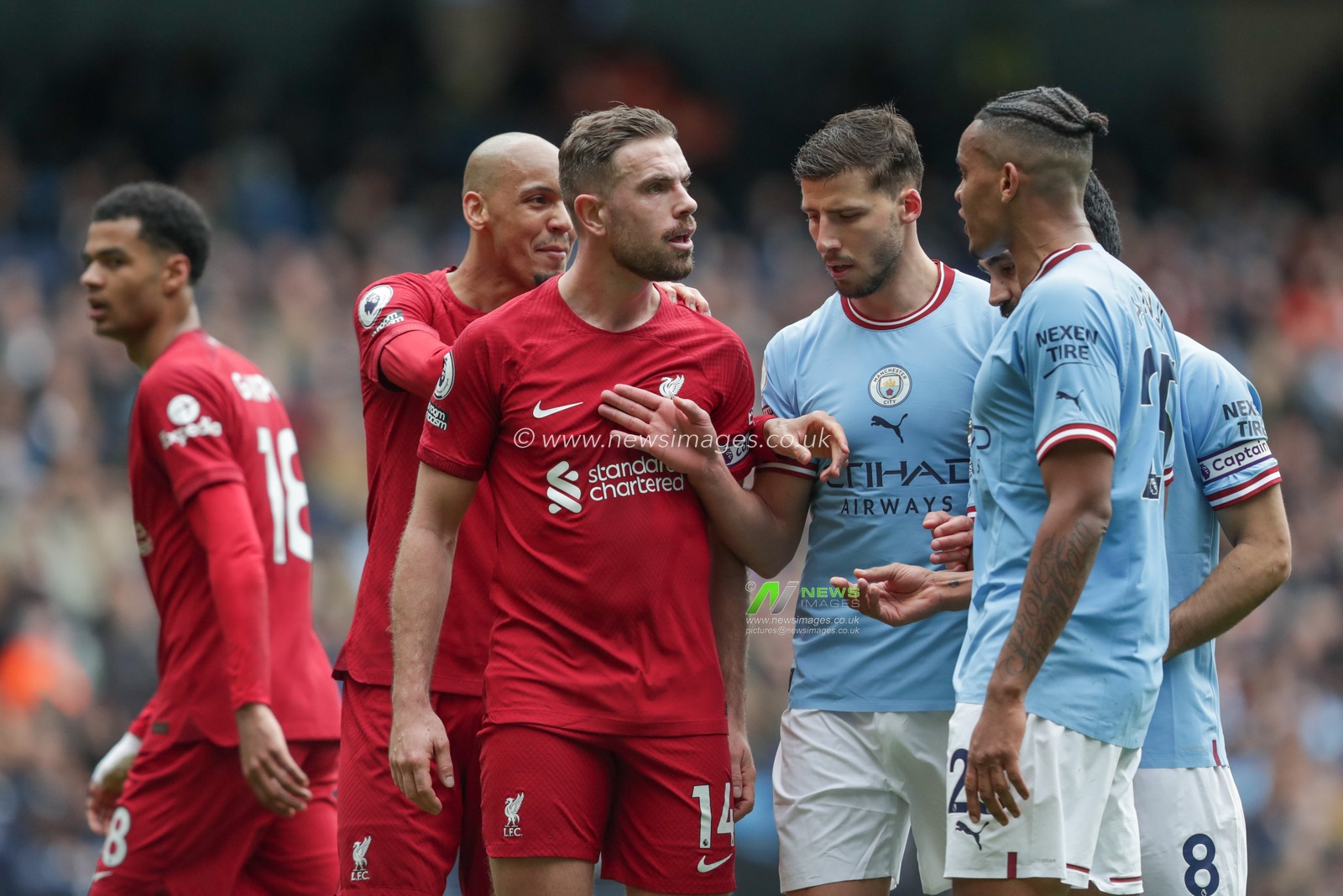 Both sets of players clash during the Premier League match Manchester City vs Liverpool at Etihad Stadium, Manchester, United Kingdom, 1st April 2023

(Photo by Gareth Evans/News Images)