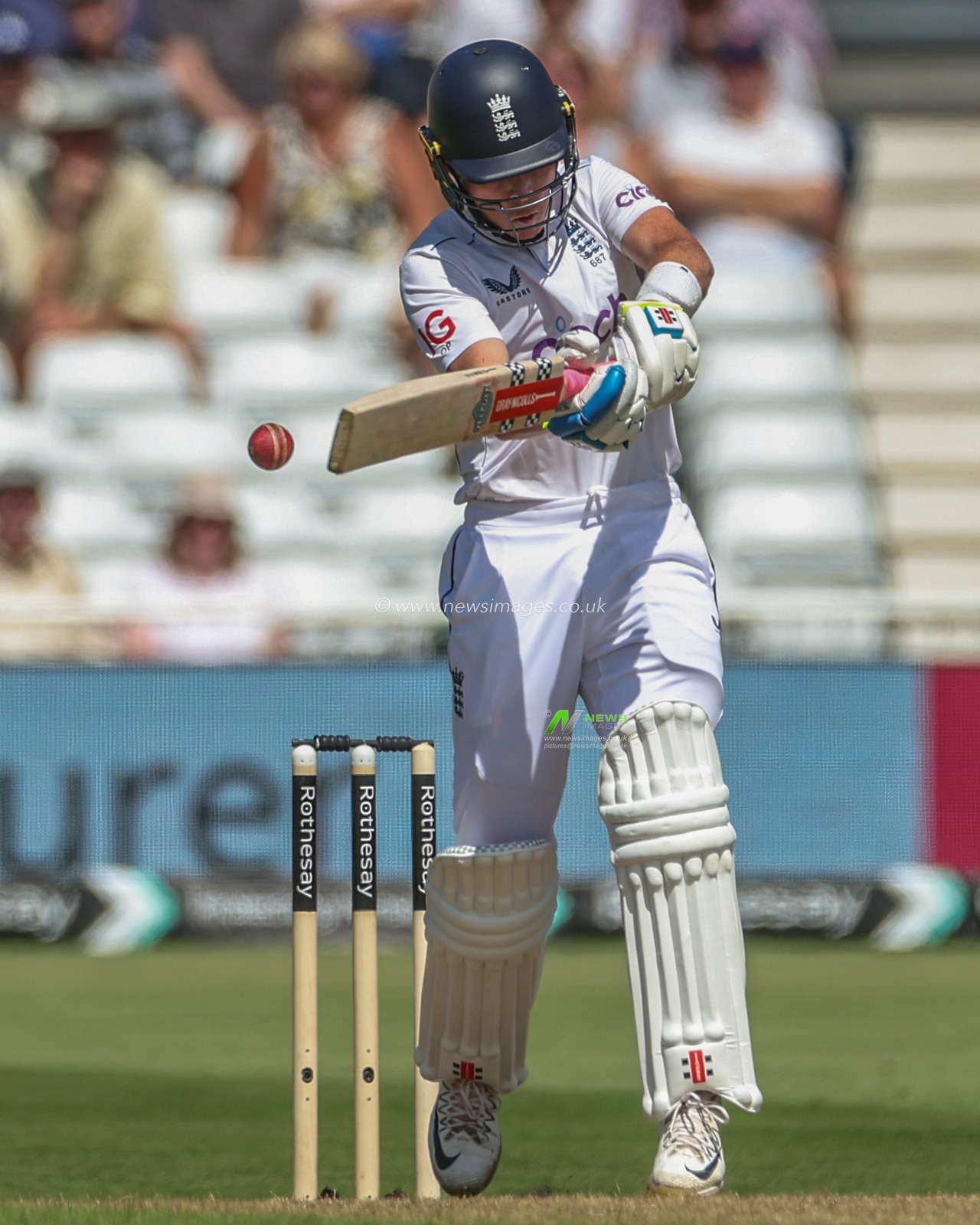 Ollie Pope of England with a swing and a miss during the 2nd Rothesay Test Match match England vs West Indies at Trent Bridge, Nottingham, United Kingdom, 18th July 2024

(Photo by Mark Cosgrove/News Images)