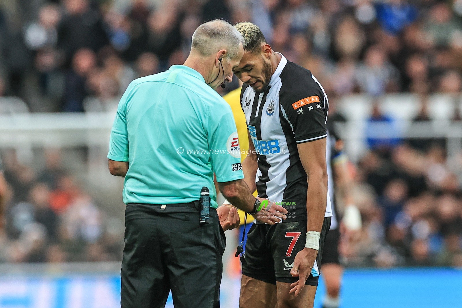 Referee Martin Atkinson checks Joelinton #7 of Newcastle Unitedâ€™s shorts number before booking him