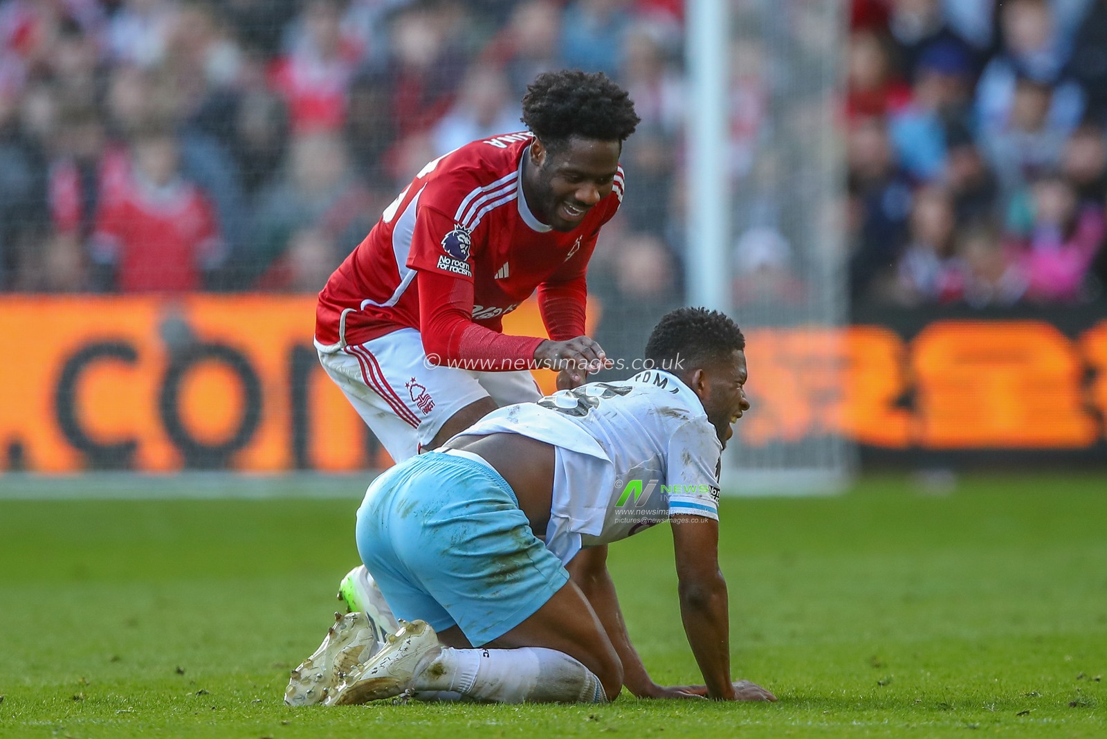 Ola Aina of Nottingham Forest knocks Jefferson Lerma of Crystal Palace during the Premier League match Nottingham Forest vs Crystal Palace at City Ground, Nottingham, United Kingdom, 30th March 2024

(Photo by Gareth Evans/News Images)