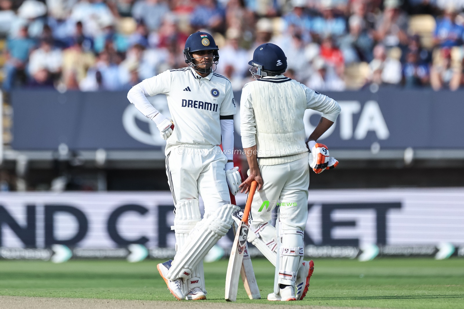 India captain Shubman Gill speaks too Ravindra Jadeja of India as they tally up 300 runs during the 2nd Rothesay Test Match Day 1 England vs India at Edgbaston, Birmingham, United Kingdom, 2nd July 2025

(Photo by Mark Cosgrove/News Images)