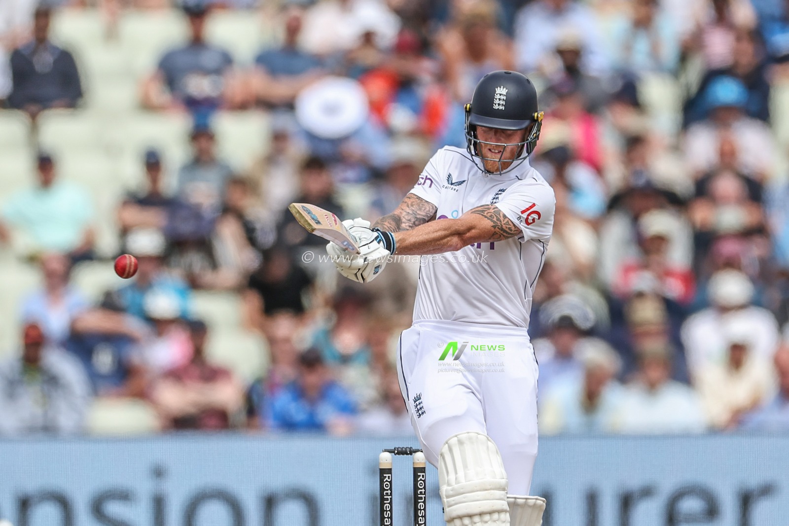 Ben Stokes of England hits the ball for four runs to get his half century during Day Two of the Rothesay Test match England vs West Indies at Edgbaston, Birmingham, United Kingdom, 27th July 2024

(Photo by Mark Cosgrove/News Images)