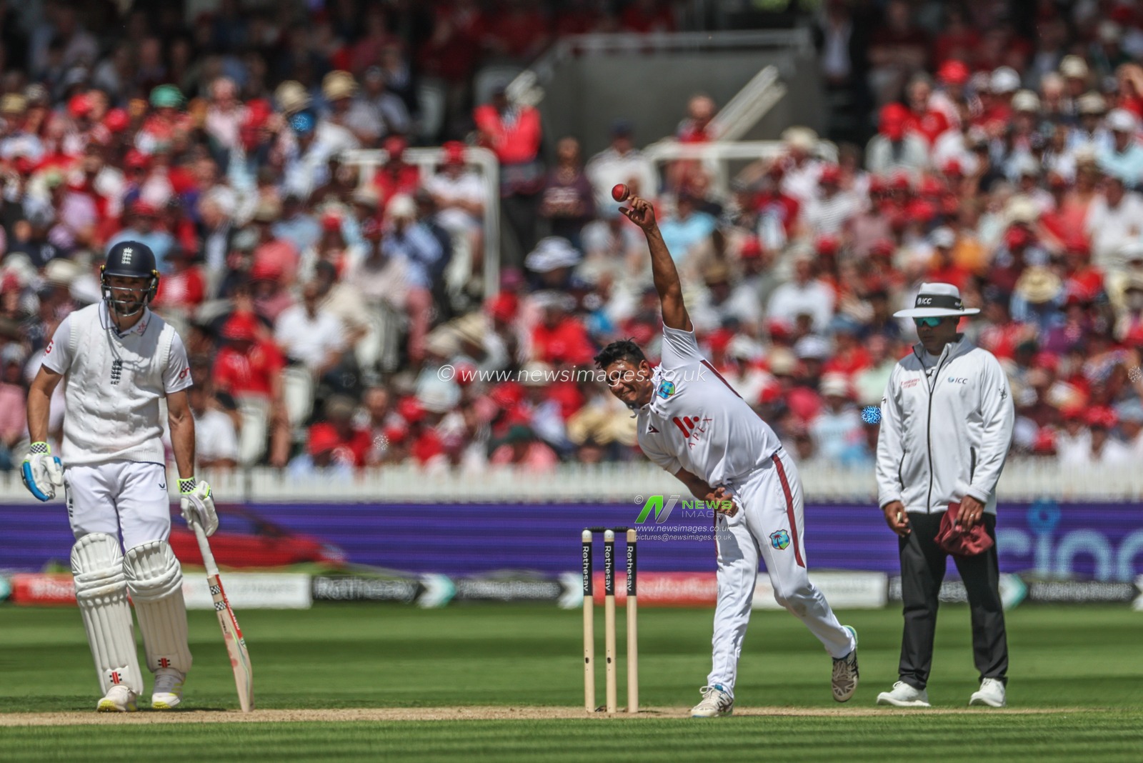 Gudakesh Motie of West Indies delivers the ball during the Rothesay Test Match Day Two England v West Indies at Lords, London, United Kingdom, 11th July 2024

(Photo by Mark Cosgrove/News Images)