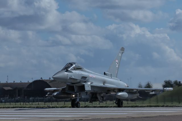 A RAF Eurofighter Typhoon FGR Mk4 taxies back to the pan during a flight training day at RAF Coningsby, Coningsby, United Kingdom, 22nd September 2025

(Photo by Mark Cosgrove/News Images)