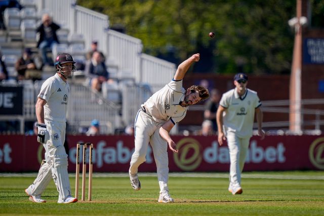 Ben Aitchison of Derbyshire men takes the wicket of Ben Charlesworth  caught behind  during the County Championship Division Two Derbyshire vs Gloucestershire at The Central Co-Op County Ground, Derby, United Kingdom on 24 April 2026

(Photo by Maynard Manyowa/News Images)