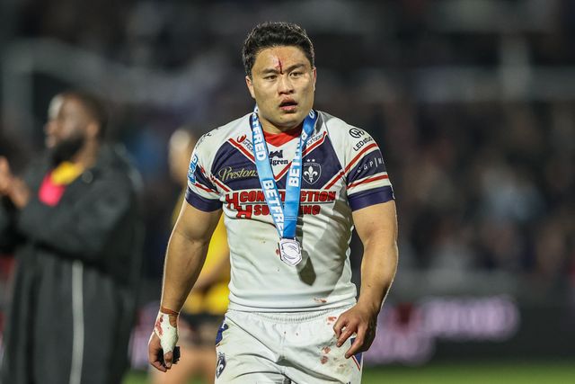 Mason Lino of Wakefield Trinity is the player of the match during the Betfred Super League Round 8 match Wakefield Trinity vs Castleford Tigers at DIY Kitchens Stadium, Wakefield, United Kingdom, 17th April 2025

(Photo by Alfie Cosgrove/News Images)