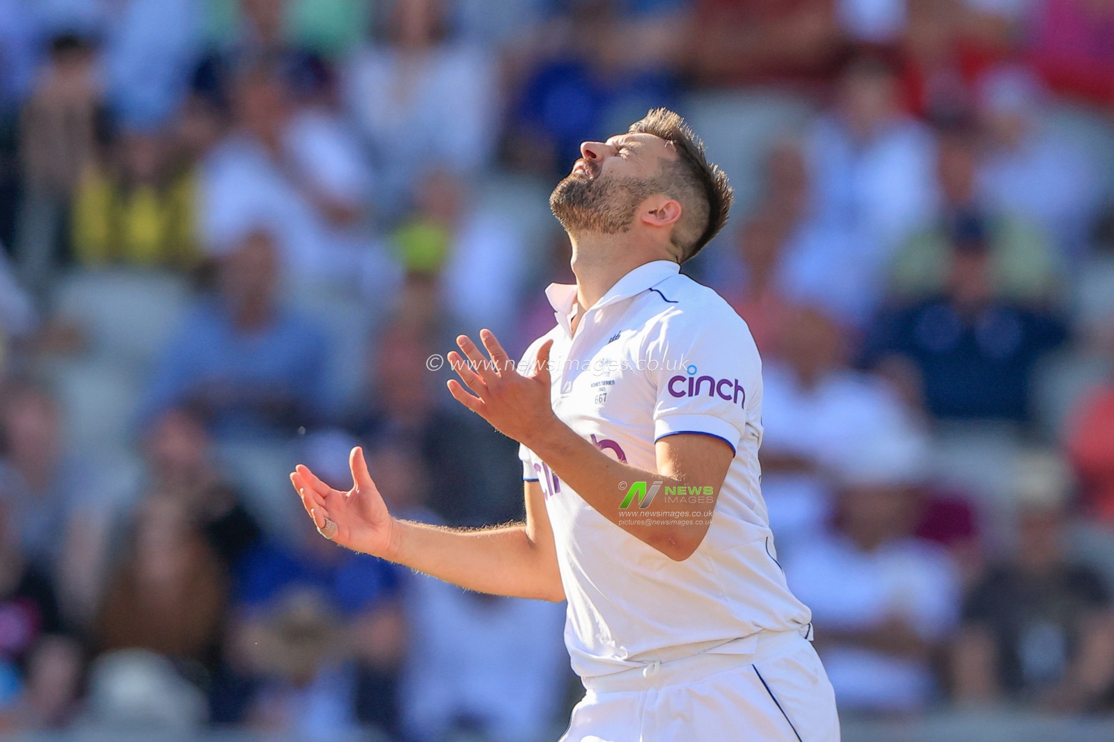 Mark Wood of England reacts to a near miss during the LV= Insurance Ashes Fourth Test Series Day One England vs Australia at Old Trafford, Manchester, United Kingdom, 19th July 2023

(Photo by Conor Molloy/News Images)