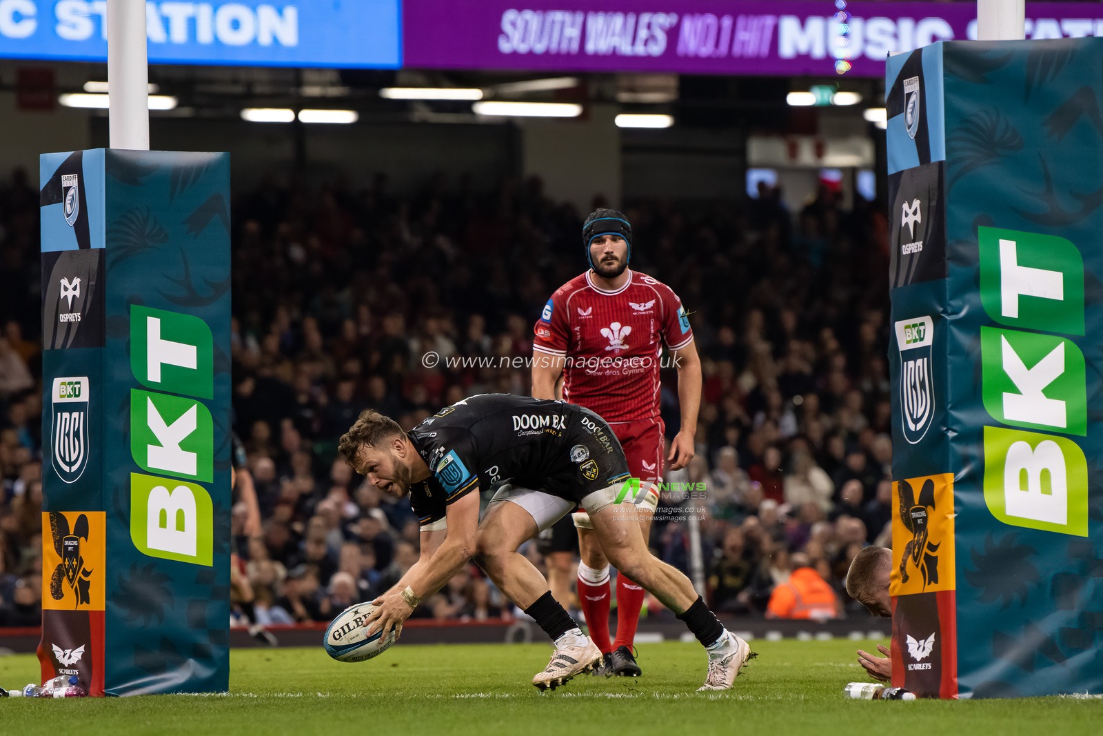 Steff Hughes of the Dragons goes over for a try during the United Rugby Championship match Dragons Rugby vs Llanelli Scarlets at Principality Stadium, Cardiff, United Kingdom, 22nd April 2023

(Photo by Craig Thomas/News Images)