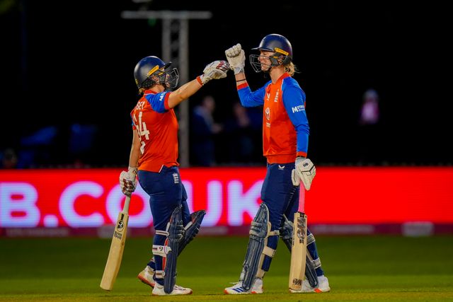 Alice Capsey of England and Freya Kemp of England celebrate scoring the wining runs and winning the match during the England Women v New Zealand 1st Vitality IT20 match at The Central Co-Op County Ground, Derby, United Kingdom on 20 May 2026

(Photo by Maynard Manyowa/News Images)