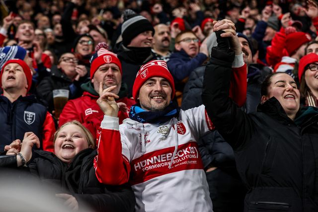 Hull KR fans celebrate a try from Tom Amone of Hull KR during the World Club Challenge 2026 match Hull KR vs Brisbane Broncos at MKM Stadium, Hull, United Kingdom on 19 February 2026

(Photo by Alfie Cosgrove/News Images)