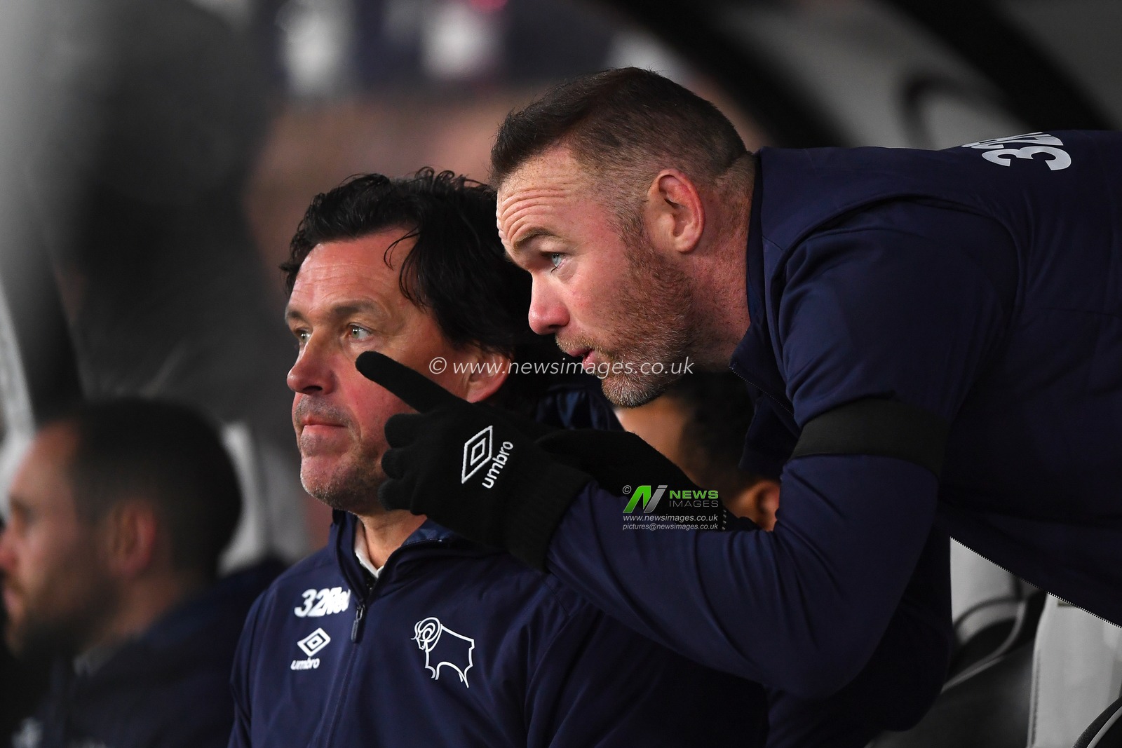 11th December 2019, Pride Park Stadium, Derby, England; Sky Bet Championship, Derby County v Sheffield Wednesday : Derby County Player-Coach Wayne Rooney give his thoughts to Assistant Manager, Chris van der Weerden

Credit: Jon Hobley/News Images