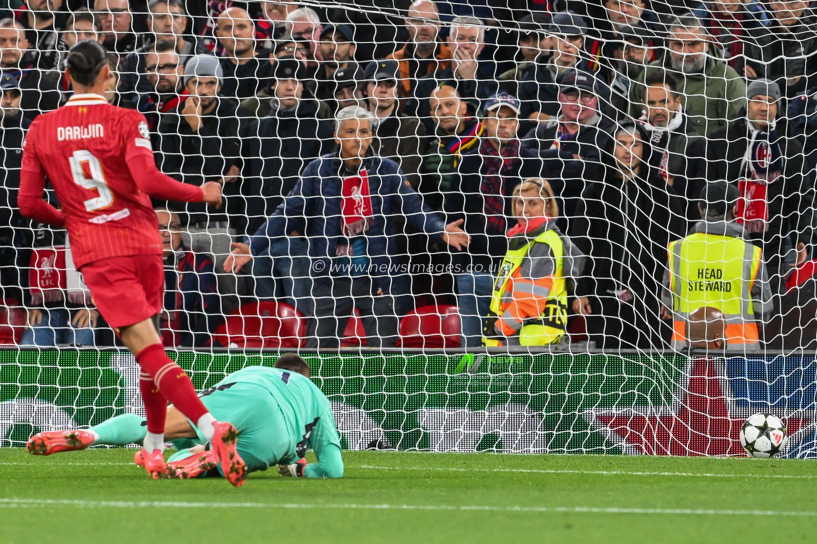 Darwin Nunez of Liverpool scores to make it 2-0, which was later ruled offside during the UEFA Champions League  - League Stage match Liverpool vs Bologna at Anfield, Liverpool, United Kingdom, 2nd October 2024

(Photo by Craig Thomas/News Images)