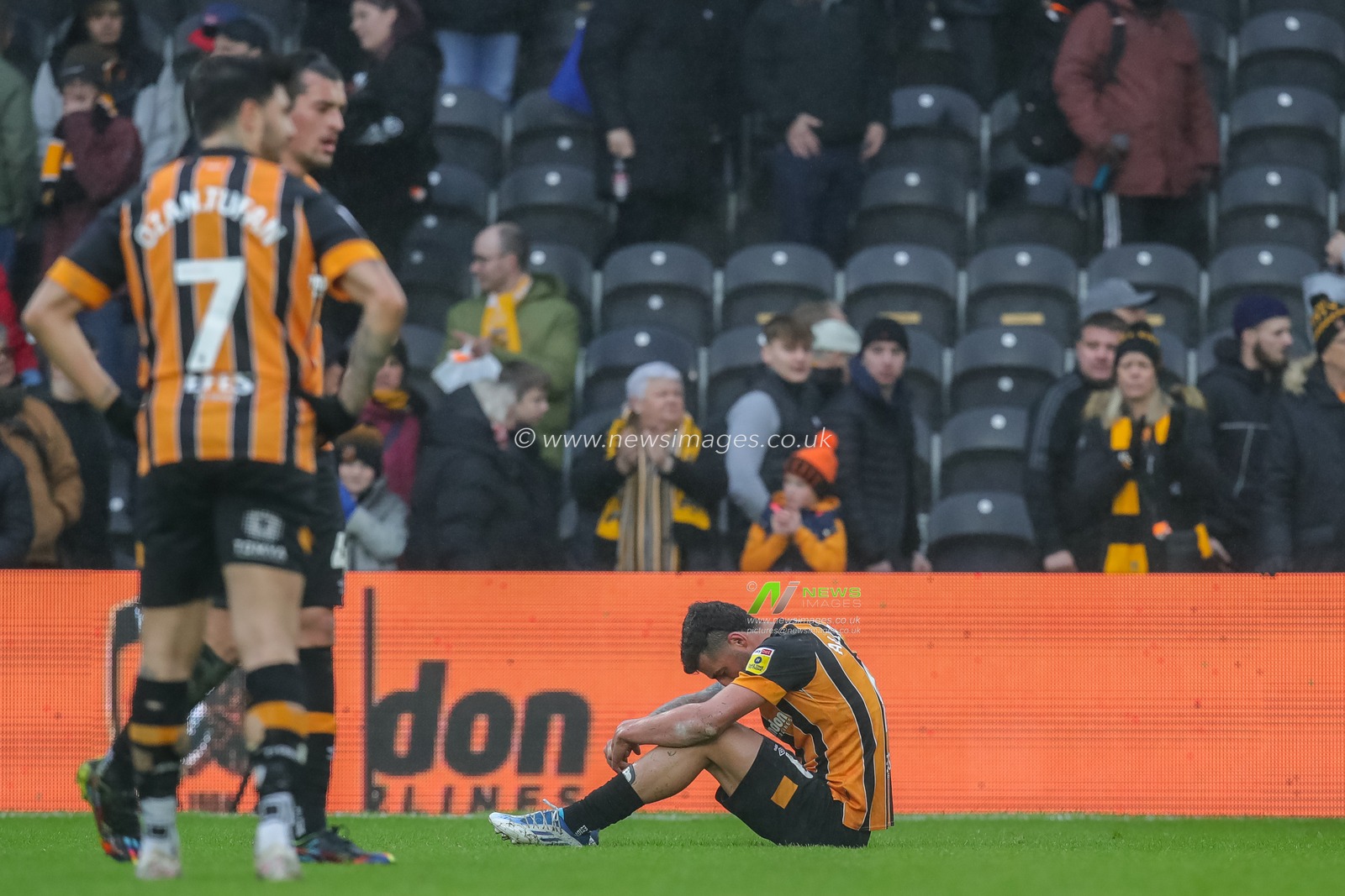 A dejected Allahyar Sayyadmanesh #9 of Hull City sits on the floor at full time after the Sky Bet Championship match Hull City vs Rotherham United at MKM Stadium, Hull, United Kingdom, 1st April 2023

(Photo by James Heaton/News Images)