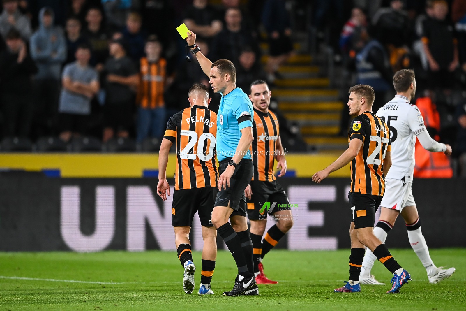 Dimitris Pelkas #20 of Hull City receives the yellow card during the Sky Bet Championship match Hull City vs Stoke City at MKM Stadium, Hull, United Kingdom, 13th September 2022

(Photo by Craig Thomas/News Images)