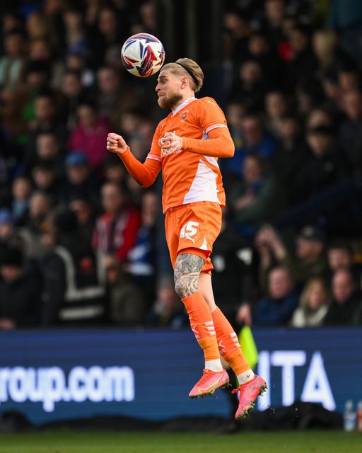 Hayden Coulson of Blackpool heads clear during the Sky Bet League 1 match Stockport County vs Blackpool at Edgeley Park Stadium, Stockport, United Kingdom, 1st March 2025

(Photo by Craig Thomas/News Images)