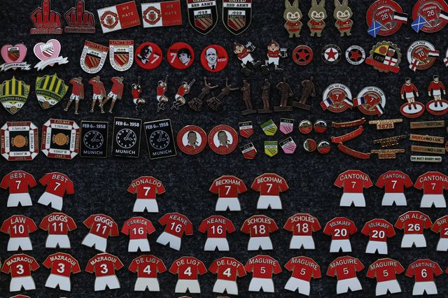 Manchester United pin badges for sale during the Premier League match Manchester United vs Aston Villa at Old Trafford, Manchester, United Kingdom on 15 March 2026

(Photo by Mark Cosgrove/News Images)