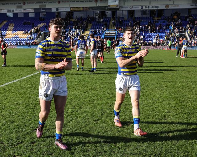 Jordan Crowther of Warrington Wolves and Josh Thewlis of Warrington Wolves applauds the fans during the Betfred Challenge Cup round 4 match Goole Vikings vs Warrington Wolves at The Halliwell Jones Stadium, Warrington, United Kingdom on 14 March 2026

(Photo by Mark Cosgrove/News Images)