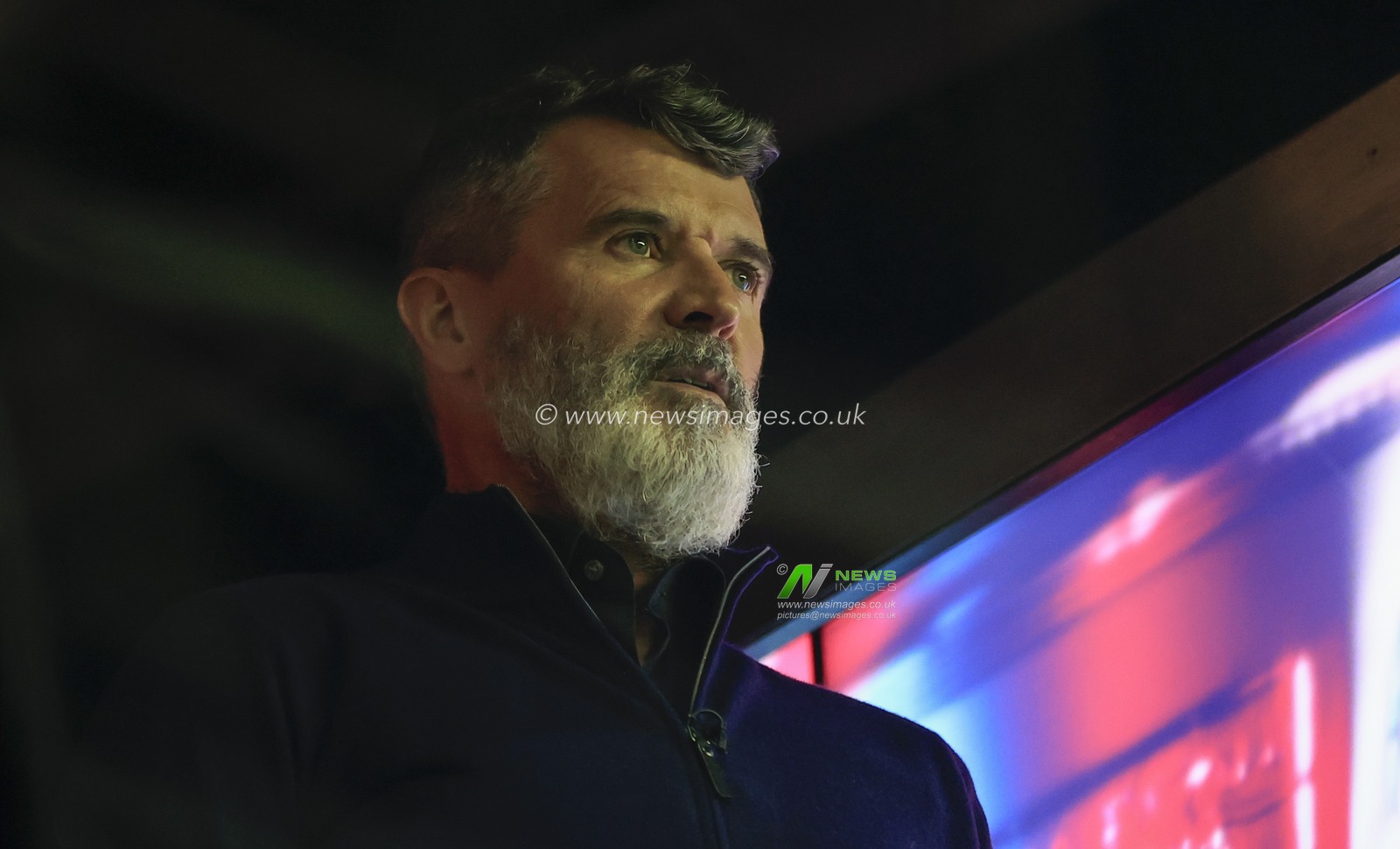 Pundit Roy Keane watches from the TV box during the Emirates FA Cup Third Round match Wigan Athletic vs Manchester United at DW Stadium, Wigan, United Kingdom, 8th January 2024

(Photo by Conor Molloy/News Images)