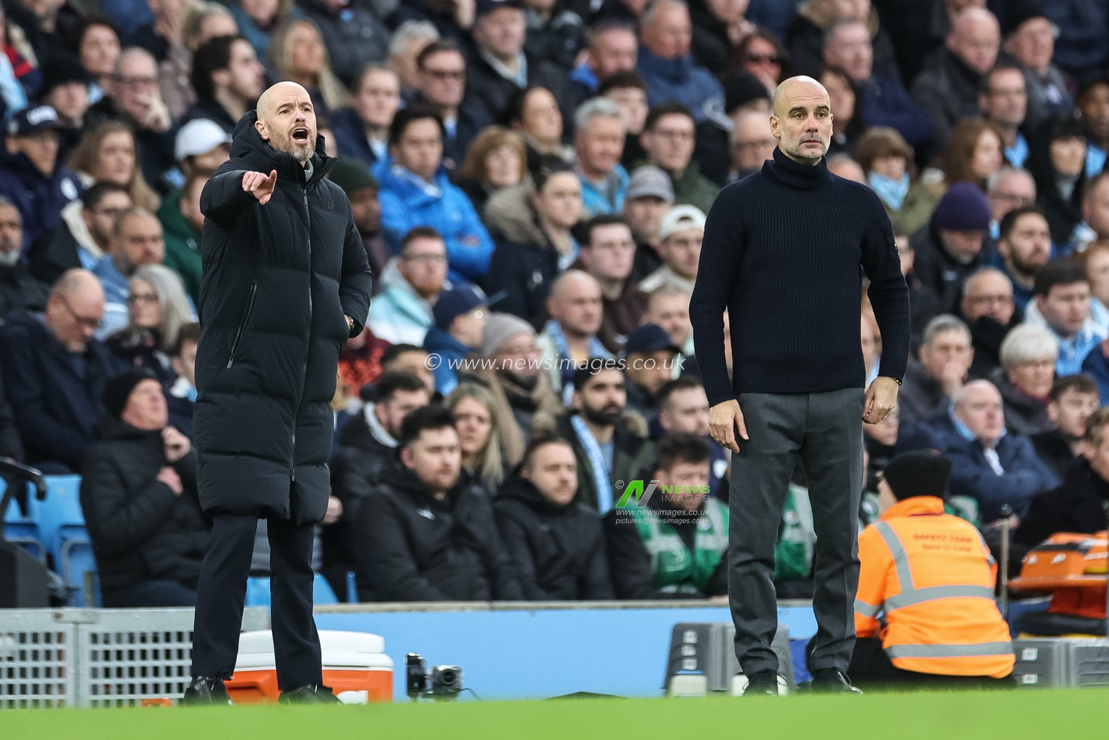 Erik ten Hag manager of Manchester United reacts as Pep Guardiola manager of Manchester City looks on during the Premier League match Manchester City vs Manchester United at Etihad Stadium, Manchester, United Kingdom, 3rd March 2024

(Photo by Mark Cosgrove/News Images)