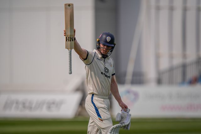 Brooke Guest raises his bat to salute the crowd after scoring a hundred and being dismissed during the County Championship Division Two Derbyshire vs Northamptonshire day one match at The Central Co-Op County Ground, Derby, United Kingdom on 09 May 2026

(Photo by Maynard Manyowa/News Images)