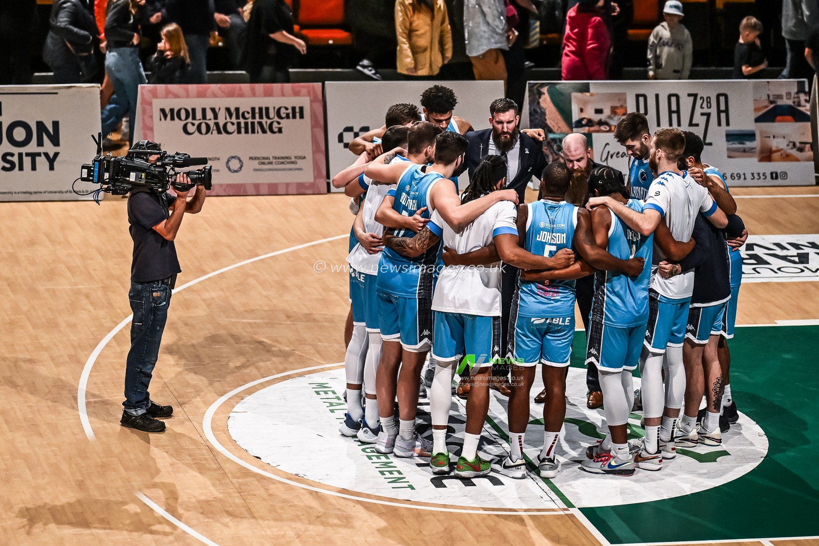 Caledonia Gladiators team huddle after there win at the end of the British Basketball Championship match Plymouth City Patriots vs Caledonia Gladiators at Plymouth Pavilions, Plymouth, United Kingdom, 3rd November 2023

(Photo by Craig Thomas/News Images)