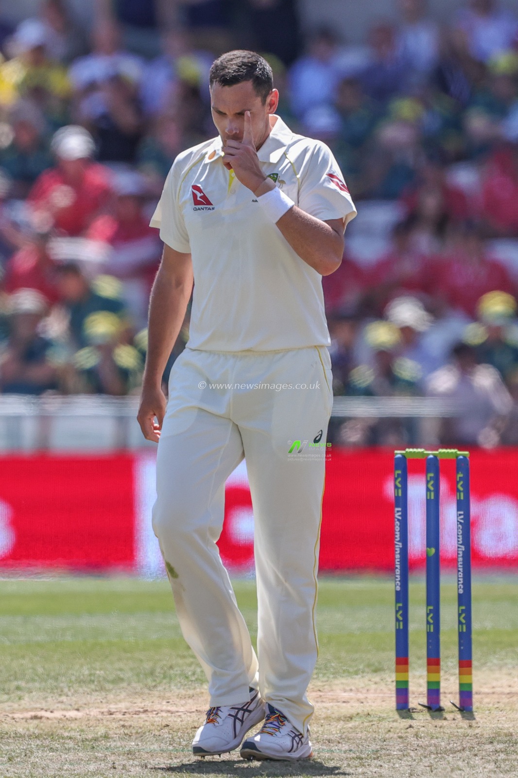Scott Boland of Australia wipes his face after delivering the ball during the LV= Insurance Ashes Third Test Series Day 2 England v Australia at Headingley Stadium, Leeds, United Kingdom, 7th July 2023

(Photo by Mark Cosgrove/News Images)
