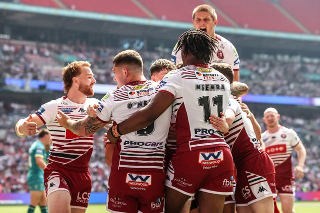 Jack Farrimond of Wigan Warriors celebrates his try during the Betfred Challenge Cup Final match Wigan Warriors vs Hull KR at Wembley Stadium, London, United Kingdom on 30 May 2026

(Photo by Alfie Cosgrove/News Images)