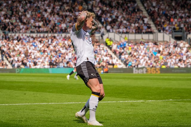 Sammie Szmodics of Derby County reacts after a missed chance on goal  during the Sky Bet Championship match Derby County vs Sheffield United at Pride Park Stadium, Derby, United Kingdom on 02 May 2026

(Photo by Maynard Manyowa/News Images)