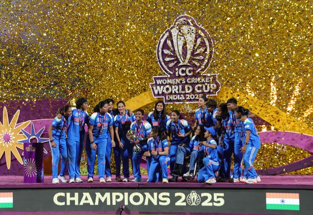 India women's team won the final celebrating with Trophy during the ICC Women's ODI Cricket World Cup Final 2025 session India Women vs South Africa Women at Dr. D.Y. Patil Sports Academy, Navi Mumbai, India, 2nd November 2025

(Photo by Shubhajit Roy Karmakar/News Images)
