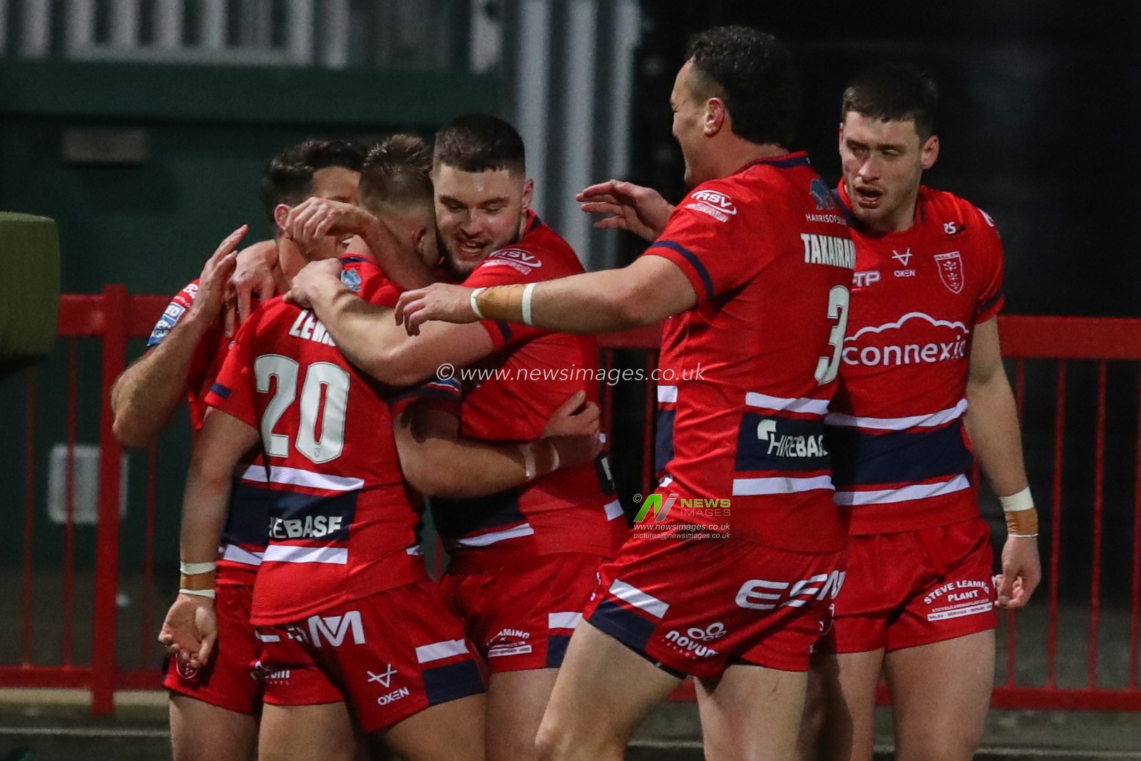 Mikey Lewis #20 of Hull KR celebrates his try