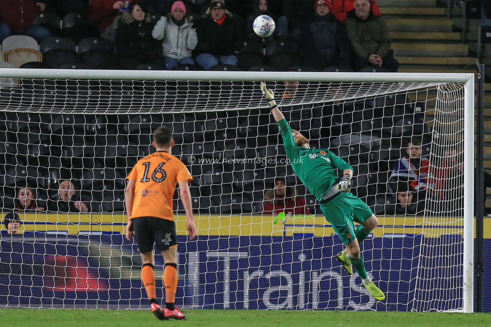 26th February 2020, KC Stadium, Kingston upon Hull, England; Sky Bet Championship, Hull City v Barnsley : George Long  (1) of Hull City watches the ball go over the bar