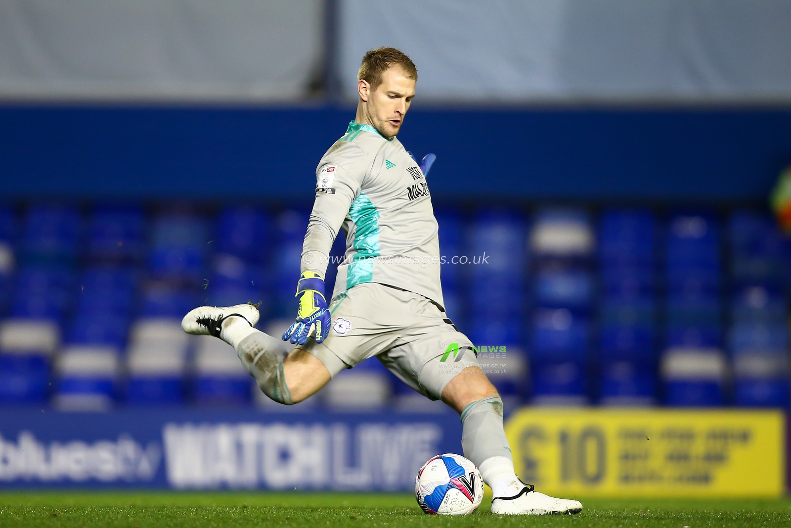 Alex Smithies #12 of Cardiff City takes a goal kick