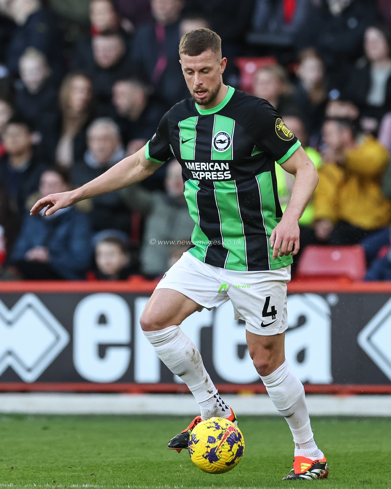 Adam Webster of Brighton & Hove Albion with the ball during the Premier League match Sheffield United vs Brighton and Hove Albion at Bramall Lane, Sheffield, United Kingdom, 18th February 2024

(Photo by Mark Cosgrove/News Images)