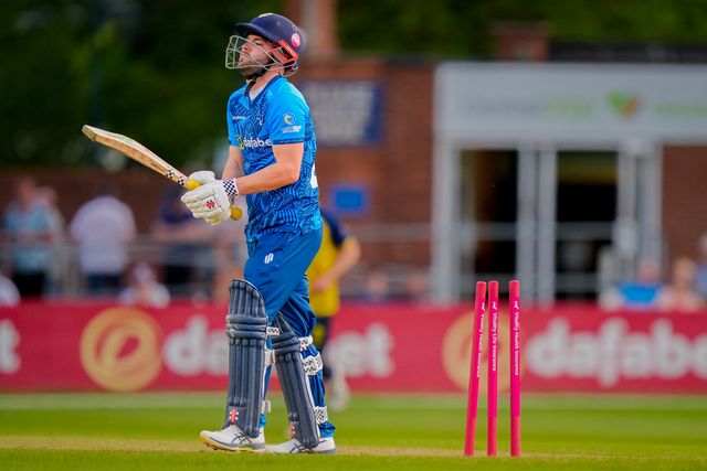 Caleb Jewell of Derbyshire walks after being bowled during the Vitality Blast T20 match between Derbyshire Falcons and Durham Cricket at The Central Co-Op County Ground, Derby, United Kingdom on 22 May 2026

(Photo by Maynard Manyowa/News Images)