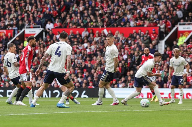 Luke Shaw of Manchester United scores to make it 1-0 during the Premier League match Manchester United vs Nottingham Forest at Old Trafford, Manchester, United Kingdom on 17 May 2026

(Photo by Mark Cosgrove/News Images)