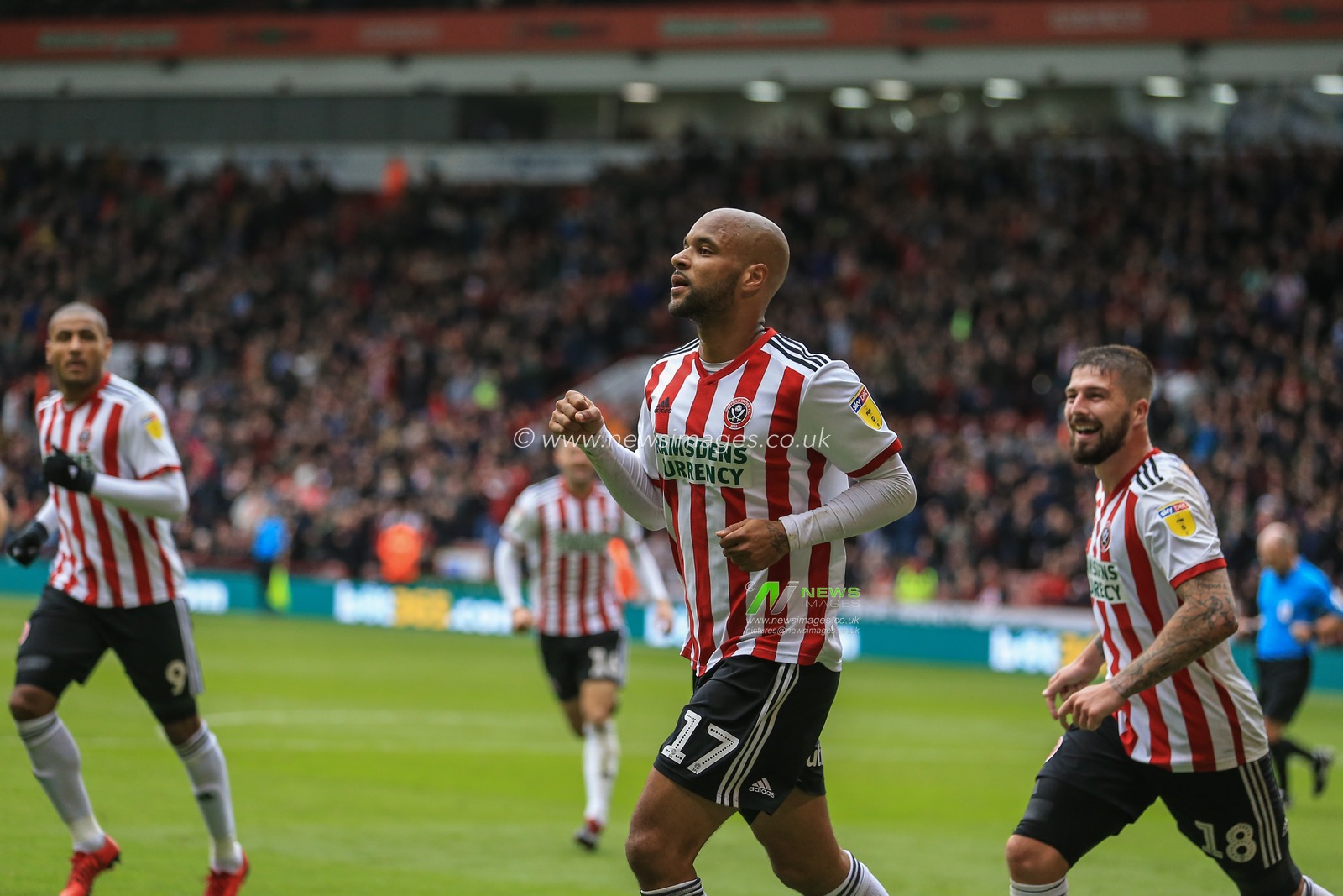 22nd September 2018, Bramall Lane, Sheffield, England; Sky Bet Championship Sheffield United v Preston North End ; David McGoldrick (17) of Sheffield United celebrates his goal to make it 3-2

Credit: Mark Cosgrove/News Images

EDITORIAL USE ONLY No use with unauthorised audio, video, data, fixture lists, club/league logos or 'live' services. Online in-match use limited to 45 images, no video emulation. No use in betting, games or single club/league/player publications and all English Football League images are subject to DataCo Licence