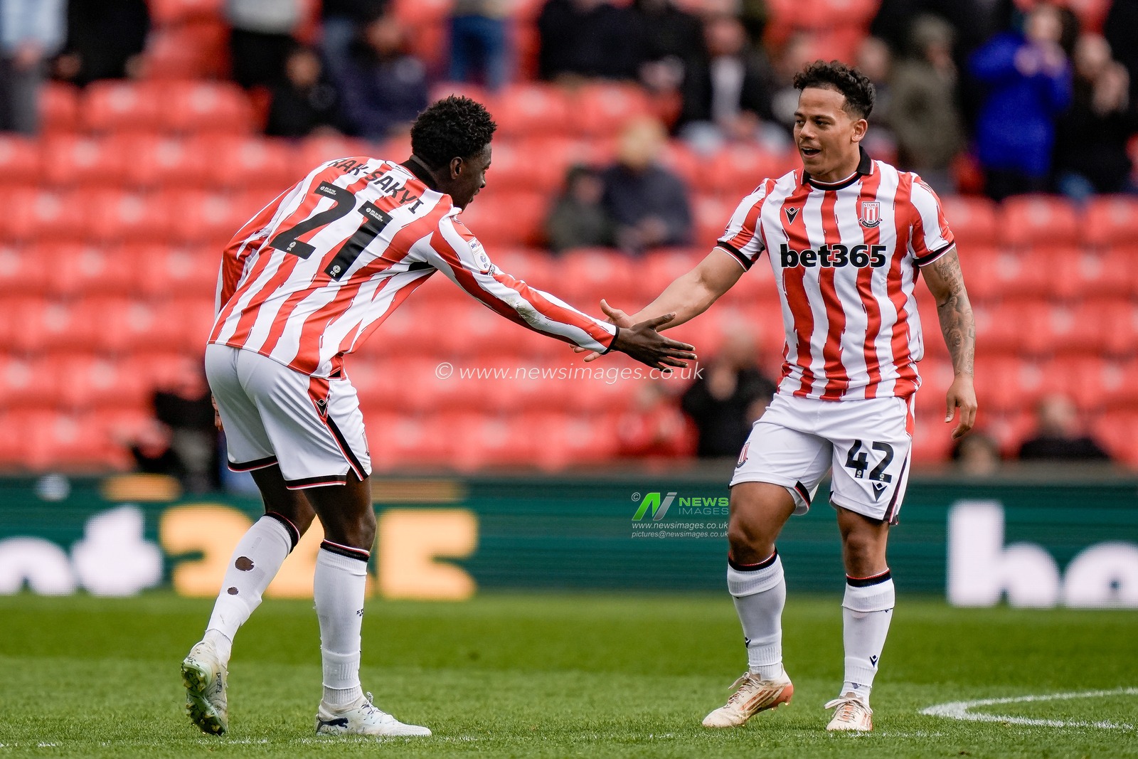 Jesurun Rak-Sakyi of Stoke City celebrates his goal to make it  1-1 with Million Manhoef of Stoke City during the Sky Bet Championship match Stoke City vs Blackburn Rovers at Bet365 Stadium, Stoke On Trent, United Kingdom on 11 April 2026

(Photo by Maynard Manyowa/News Images)