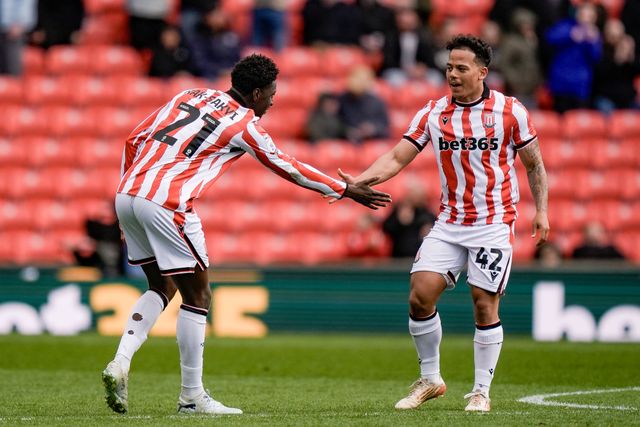 Jesurun Rak-Sakyi of Stoke City celebrates his goal to make it  1-1 with Million Manhoef of Stoke City during the Sky Bet Championship match Stoke City vs Blackburn Rovers at Bet365 Stadium, Stoke On Trent, United Kingdom on 11 April 2026

(Photo by Maynard Manyowa/News Images)