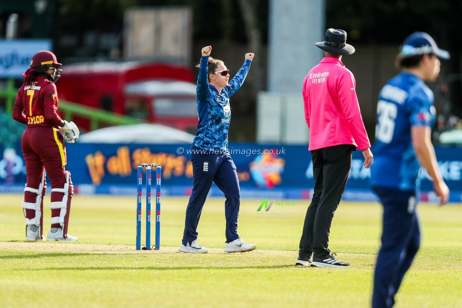 Linsey Smith of England Women celebrates after the dismissal of Realeanna Grimmond of West Indies Women during the 2nd Metro Bank ODI Day International England Women v West Indies Women at Uptonsteel County Ground, Leicester, United Kingdom, 4th June 2025

(Photo by Izzy Poles/News Images)