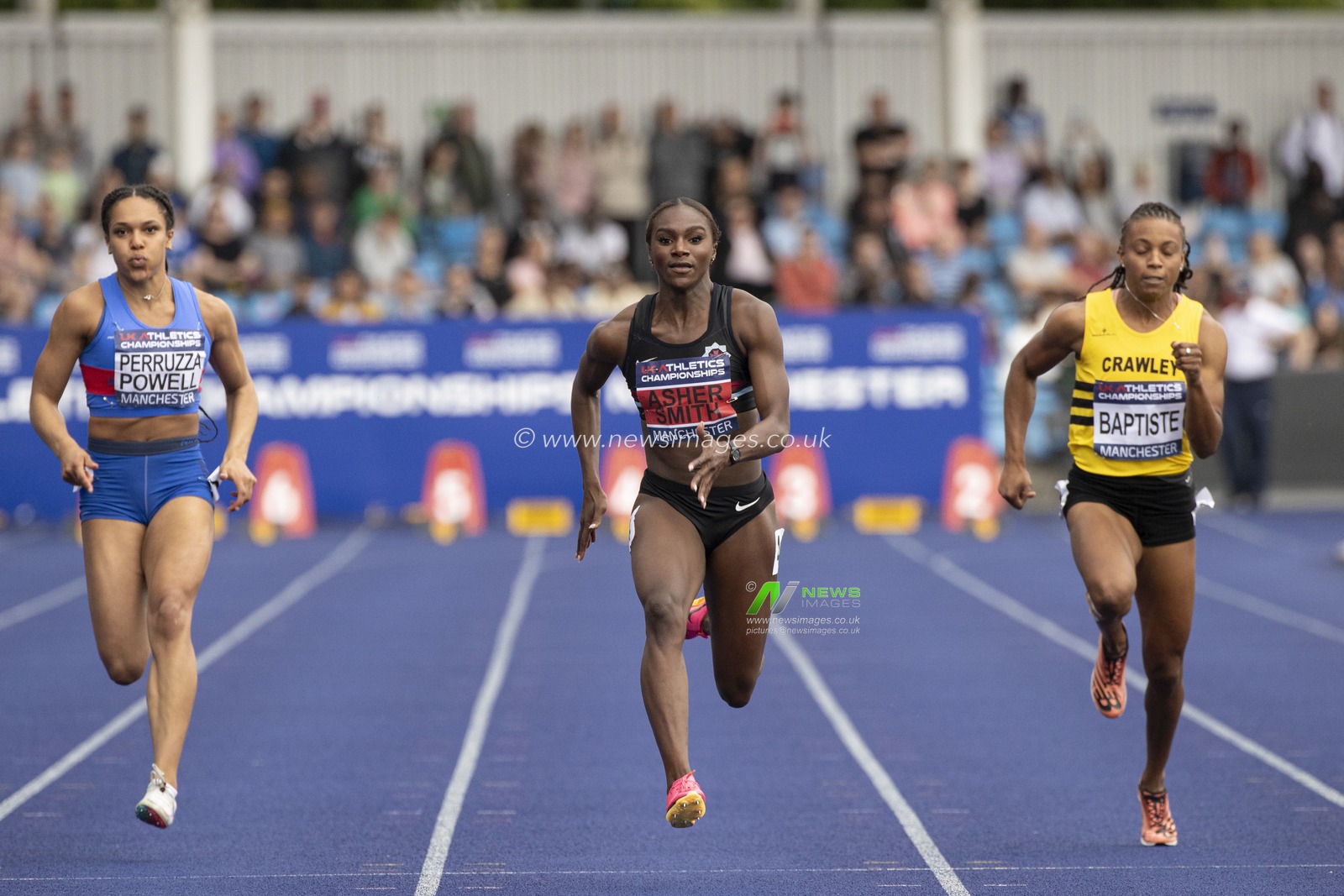 Dina Asher-Smith wins the semi-final of the womenâ€™s 100m during the UK Athletics Championships at Manchester Regional Arena, Manchester, United Kingdom, 8th July 2023.

(Photo by Conor Molloy/News Images)