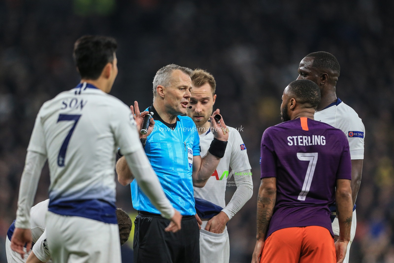 9th April 2019, Tottenham Hotspur Stadium, London, England ; UEFA Champions League, Quarter Final, Tottenham vs Manchester City ; referee Bjorn Kuipers says no penalty as he gives Raheem Sterling (07) of Manchester City a talking to

Credit: Mark Cosgrove/News Images