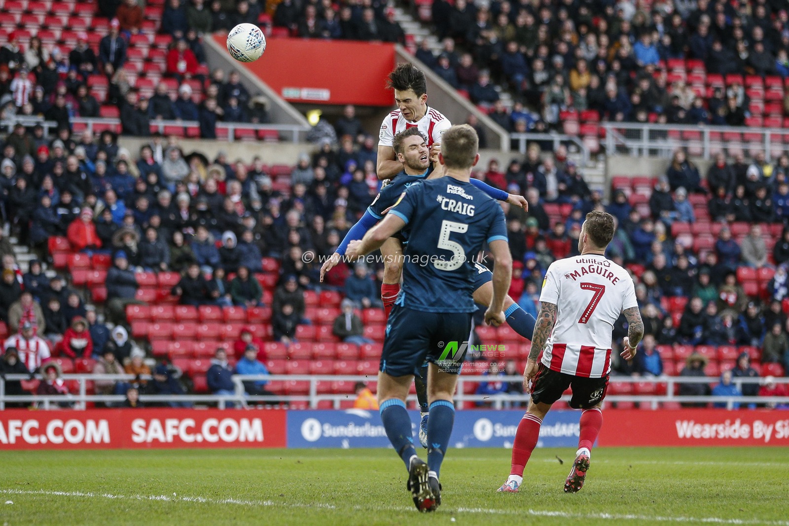 22nd February 2020, Stadium Of Light, Sunderland, England; Sky Bet League 1, Sunderland v Bristol Rovers : Luke O'Nien (13) of Sunderland heads at goal