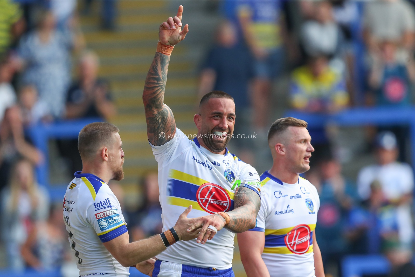 Paul Vaughan #10 of Warrington Wolves celebrates his try to make it 58-12 during the Betfred Super League Round 24 match Warrington Wolves vs Castleford Tigers at Halliwell Jones Stadium, Warrington, United Kingdom, 2nd September 2023

(Photo by Gareth Evans/News Images)