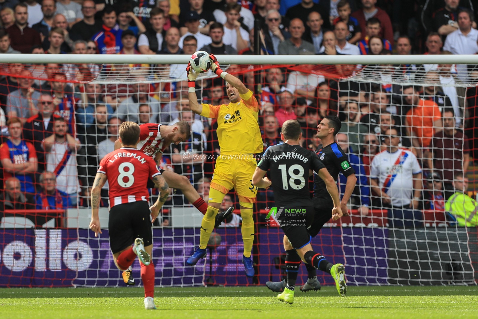 18th August 2019 , Bramall Lane, Sheffield, England; Premier League Football, Sheffield United vs Crystal Palace ; Vicente Guaita (31) of Crystal Palace saves Oliver McBurnie (9) of Sheffield Unitedâ€™s header 


Credit: Mark Cosgrove/News Images

English Football League images are subject to DataCo Licence