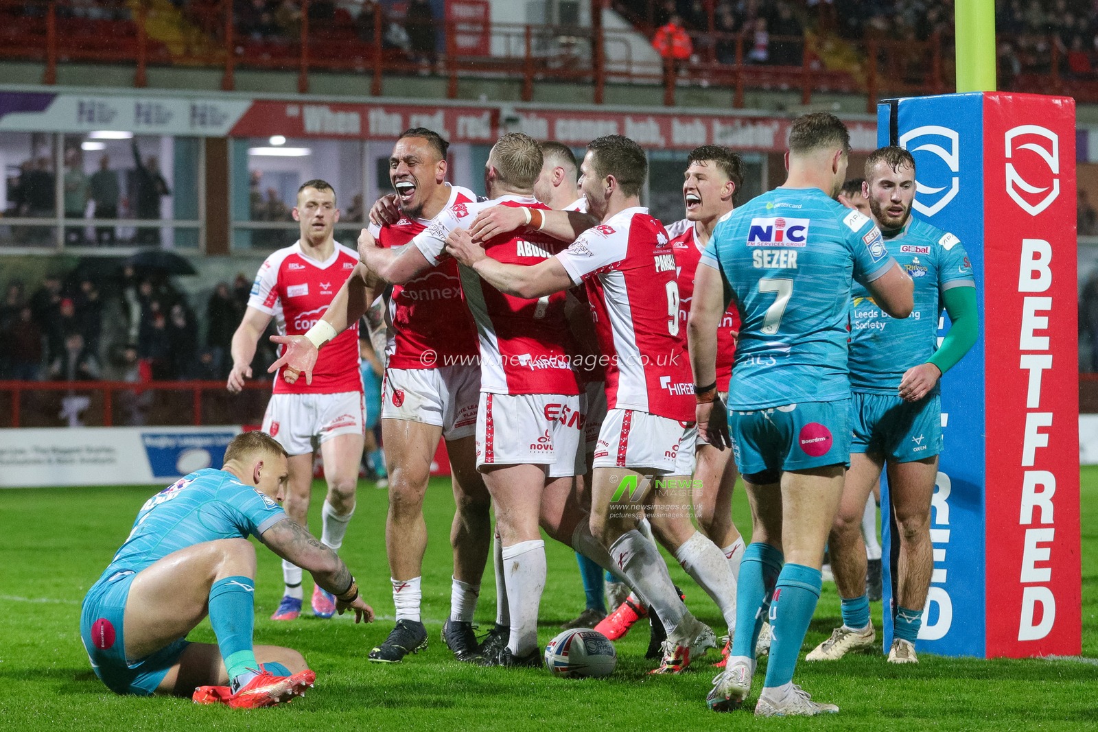 Sauaso â€˜Jesseâ€™ Sue #8 of Hull KR celebrates his try and makes the score 12-0 in the first half of the Betfred Super League Round 7 match Hull KR vs Leeds Rhinos at Sewell Group Craven Park, Kingston upon Hull, United Kingdom, 31st March 2023

(Photo by James Heaton/News Images)