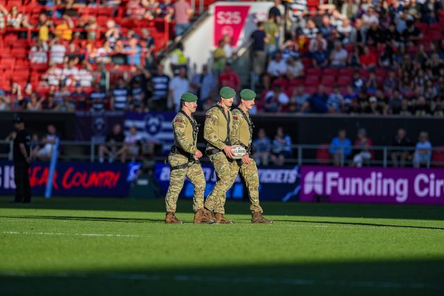 Three Royal Marines deliver the match ball during the Gallagher Premiership match Bristol Bears vs Bath at Ashton Gate, Bristol, United Kingdom on 29 May 2026

(Photo by Alex Williamson/News Images)