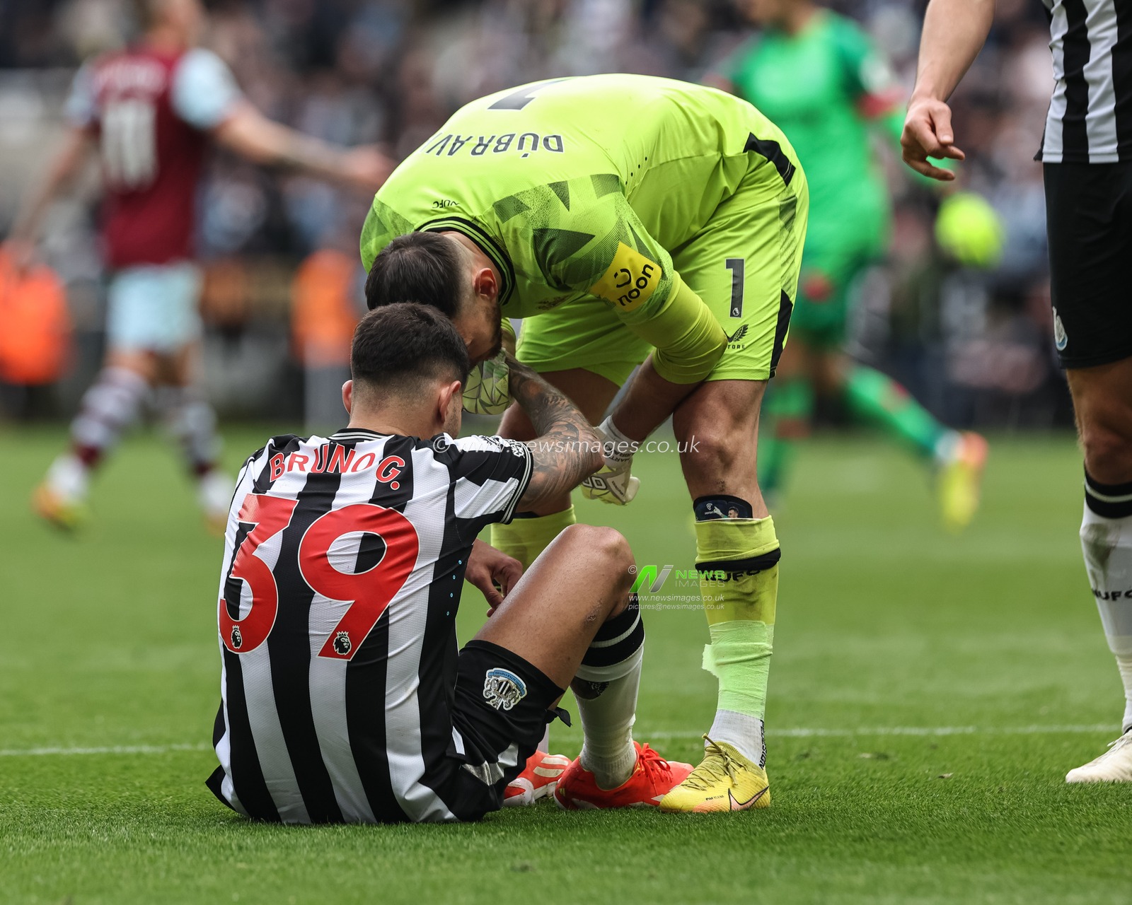 Martin DÃºbravka of Newcastle United check in on Bruno GuimarÃ£es of Newcastle United after the final whistle as Newcastle come back from 1-3 down to win 4-3 during the Premier League match Newcastle United vs West Ham United at St. James's Park, Newcastle, United Kingdom, 30th March 2024

(Photo by Mark Cosgrove/News Images)