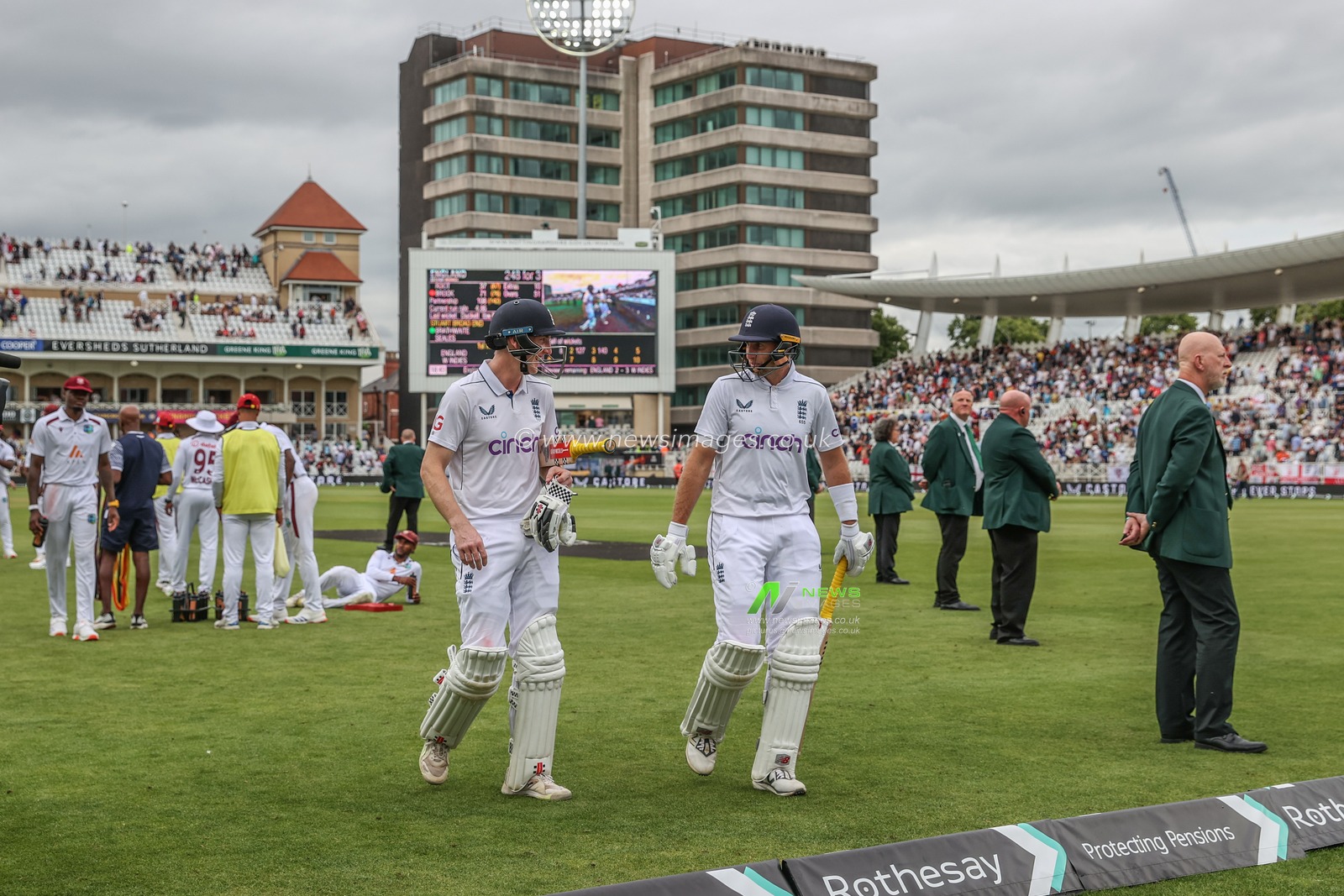 Joe Root of England and Harry Brook of England head back to the pavilion during the Rothesay Test Match day three England vs West Indies at Trent Bridge, Nottingham, United Kingdom, 20th July 2024

(Photo by Mark Cosgrove/News Images)