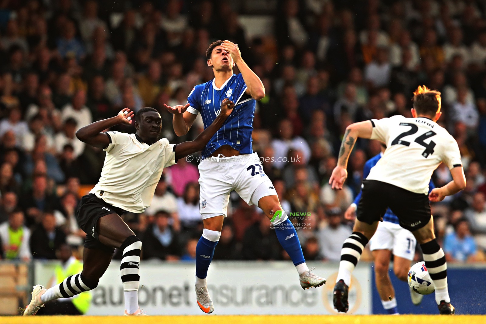 Jesse Debrah of Port Vale F.C. battles with Yousef Salech of Cardiff City F.C. during the Sky Bet League 1 match Port Vale vs Cardiff City at Vale Park, Burslem, United Kingdom, 7th August 2025(Photo by Sam Eaden/News Images)